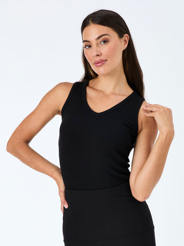 V neck Rib Tank - Black