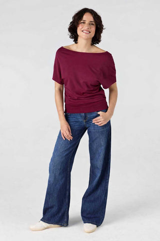 French Terry Short sleeve Off Shoulder Sweatshirt  - Ruby