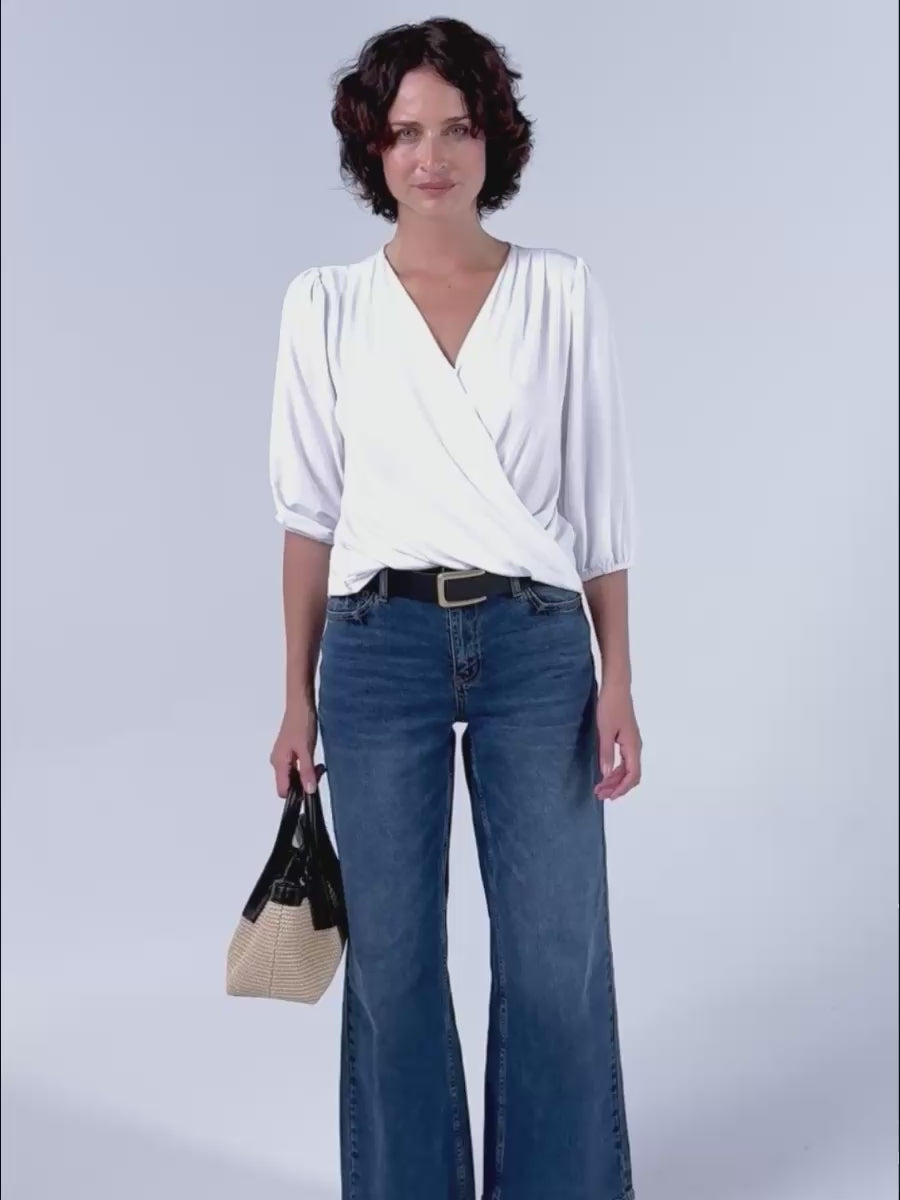Athena 7/8 Sleeve Drape Top - White – Dharma Bums