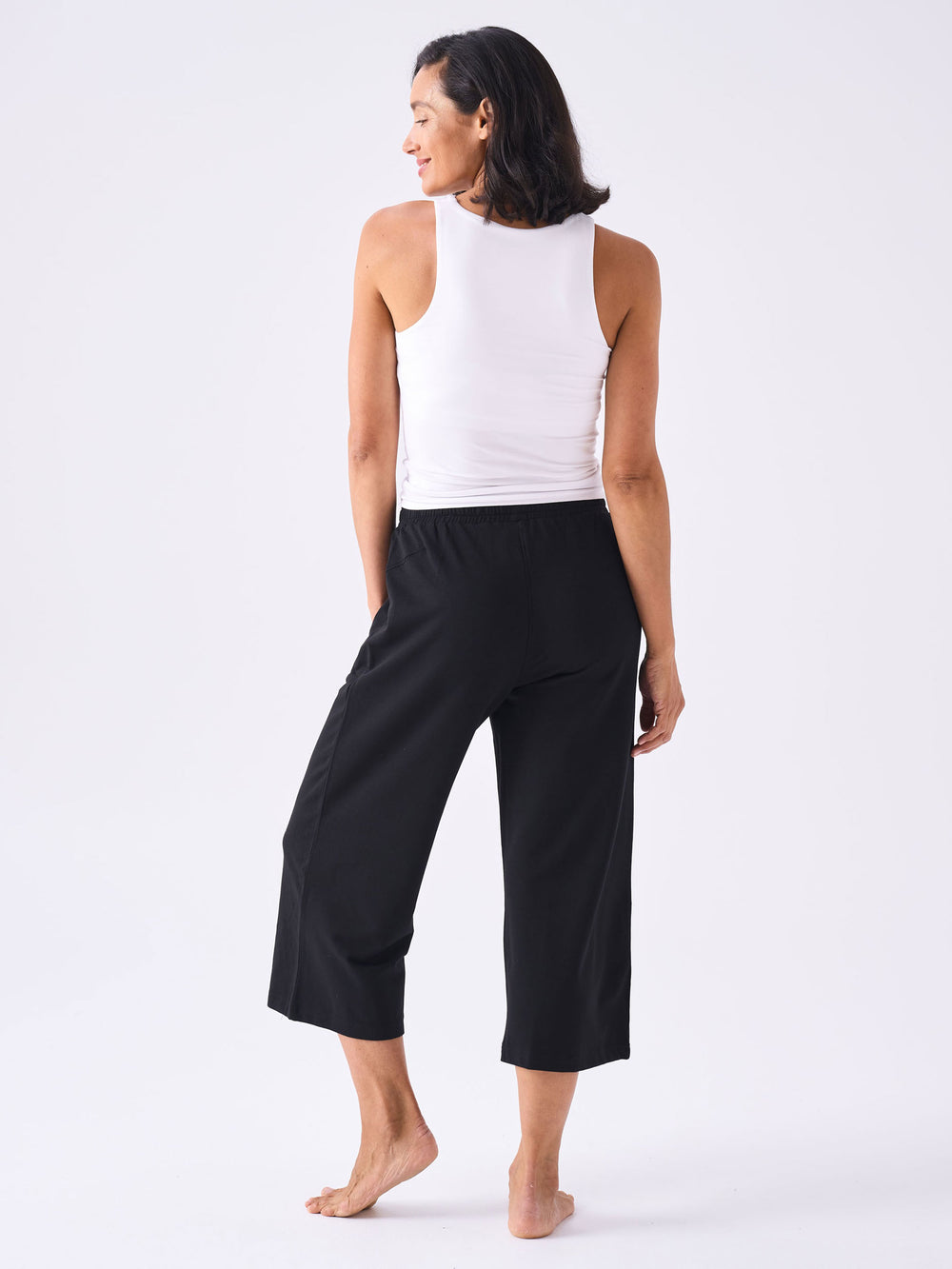 French Terry Wide Leg Cropped Pant - Black