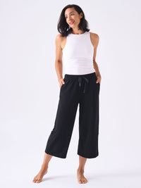 French Terry Wide Leg Cropped Pant - Black