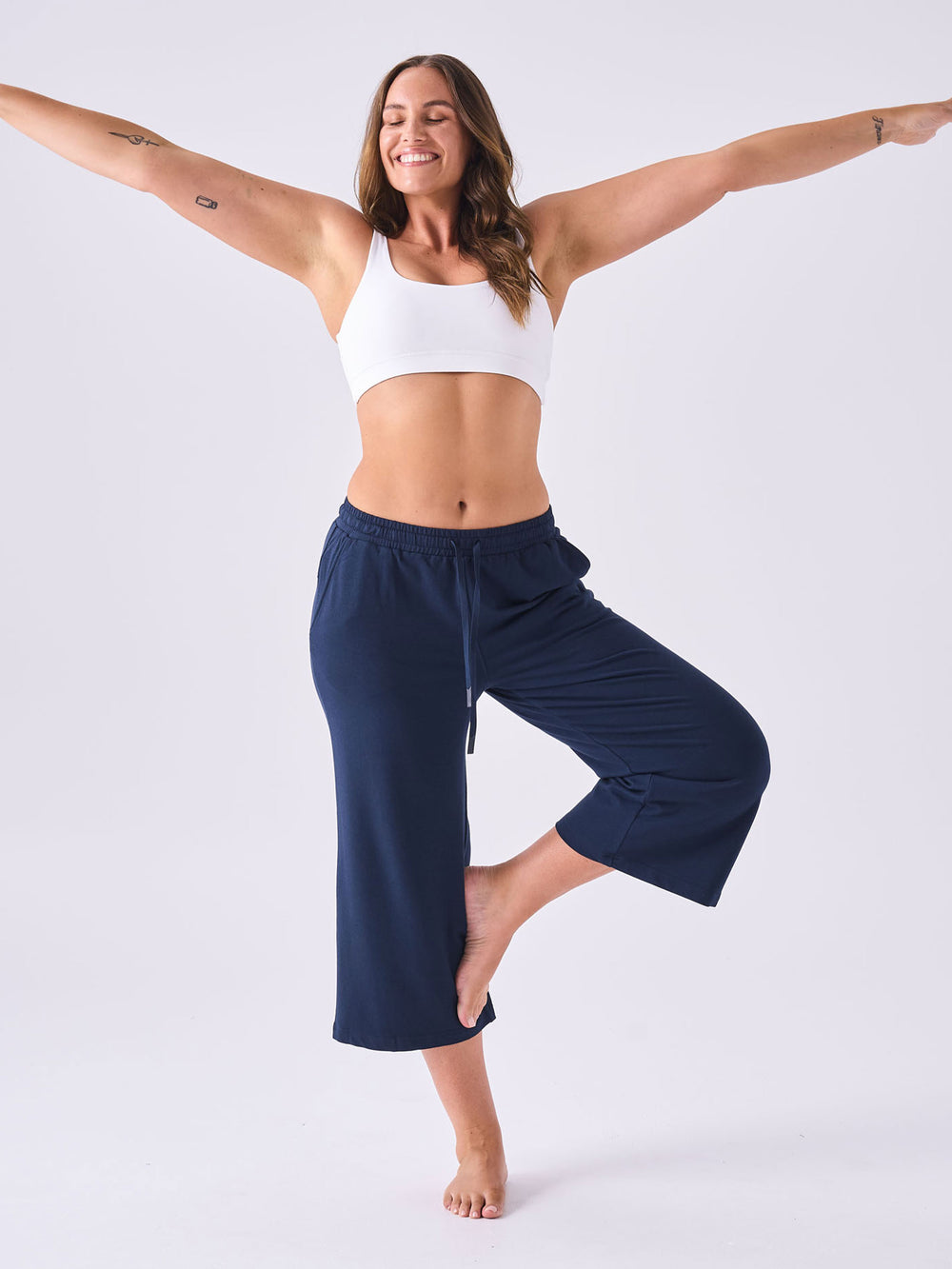 French Terry Wide Leg Cropped Pant - Navy