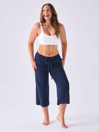 French Terry Wide Leg Cropped Pant - Navy