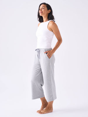 French Terry Wide Leg Cropped Pant - Melange Grey